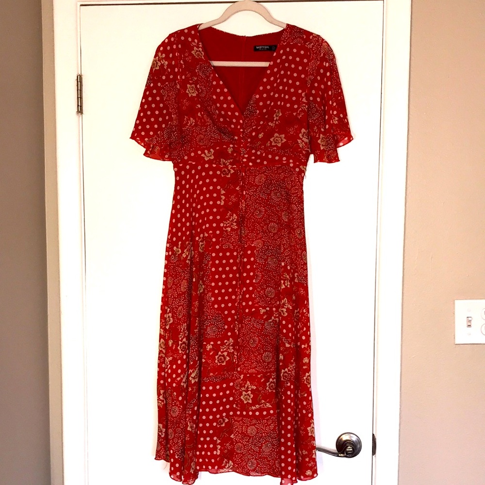 Red Flowy Midi Dress- Nasty Gal size 6